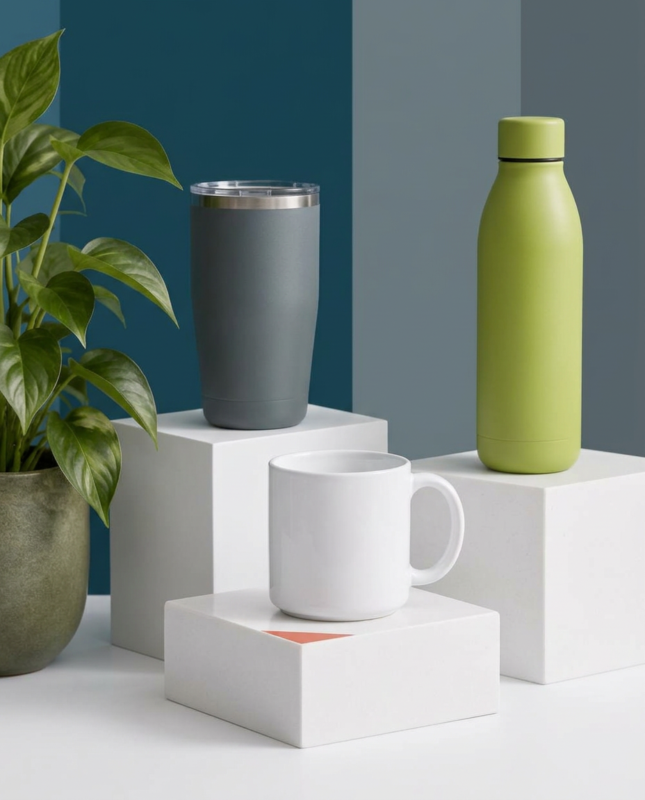 Termos, taza y botella en una composición editorial