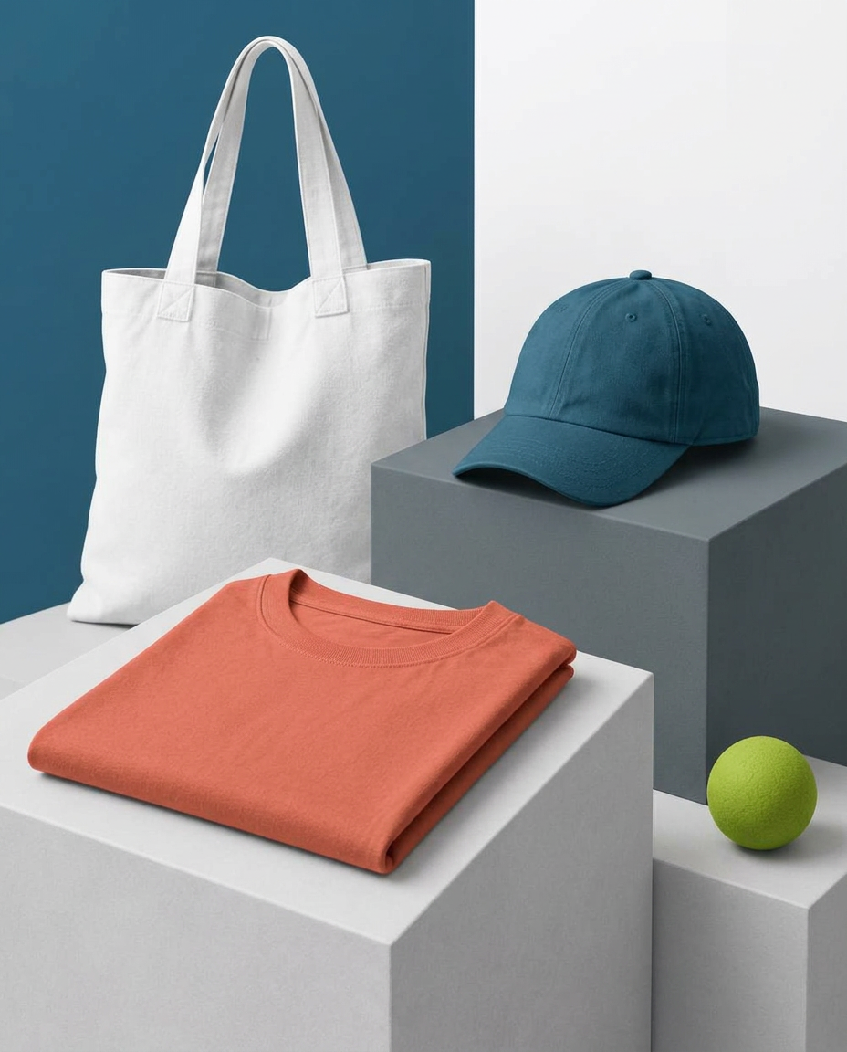 Textiles promocionales personalizados sobre pedestales geométricos